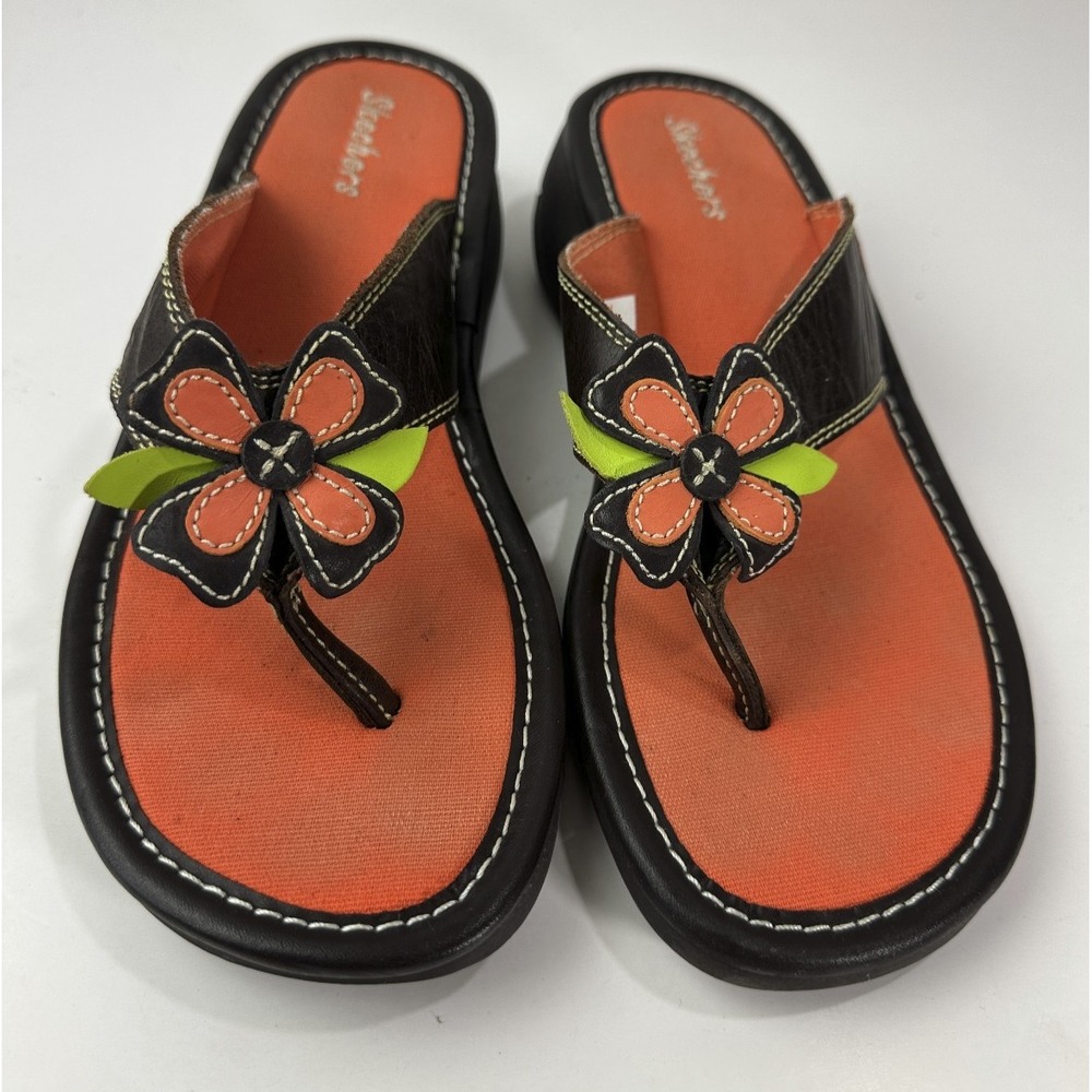 Skechers Y2K Style Flower Flip Flop Sandals Leather Size 9 Hippie Boho Festival - Picture 3 of 16